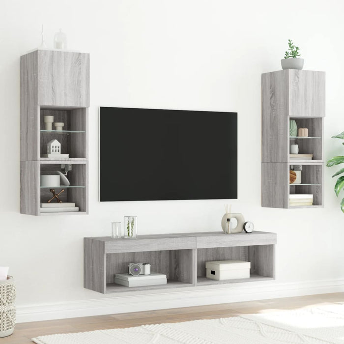 Unități de perete TV cu LED-uri, 6 piese, gri sonoma, lemn - WALTI WALTI