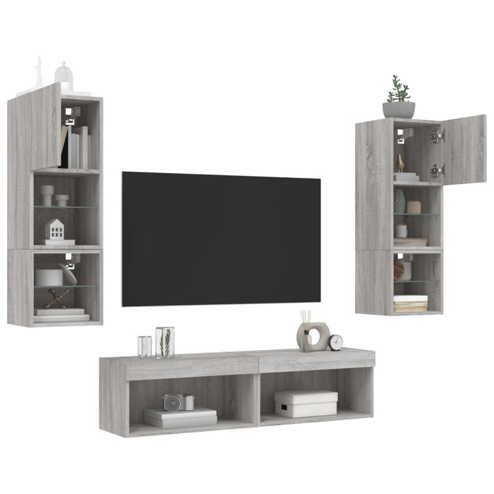 Unități de perete TV cu LED-uri, 6 piese, gri sonoma, lemn - WALTI WALTI