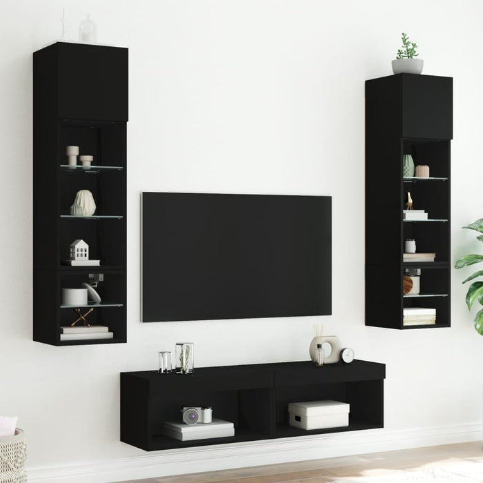 Unități de perete TV cu LED-uri, 6 piese, negru, lemn prelucrat WALTI