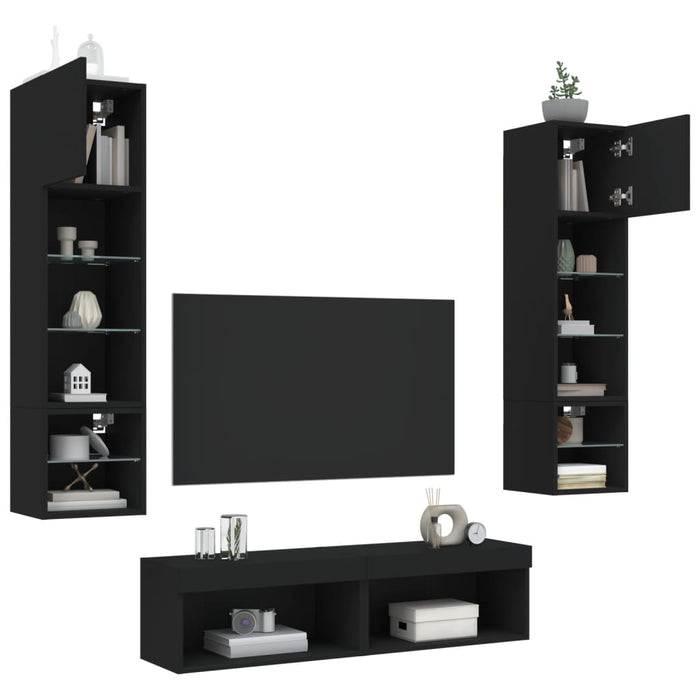 Unități de perete TV cu LED-uri, 6 piese, negru, lemn prelucrat WALTI