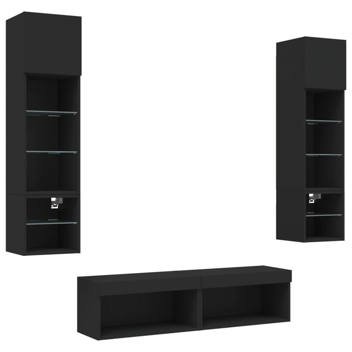 Unități de perete TV cu LED-uri, 6 piese, negru, lemn prelucrat WALTI