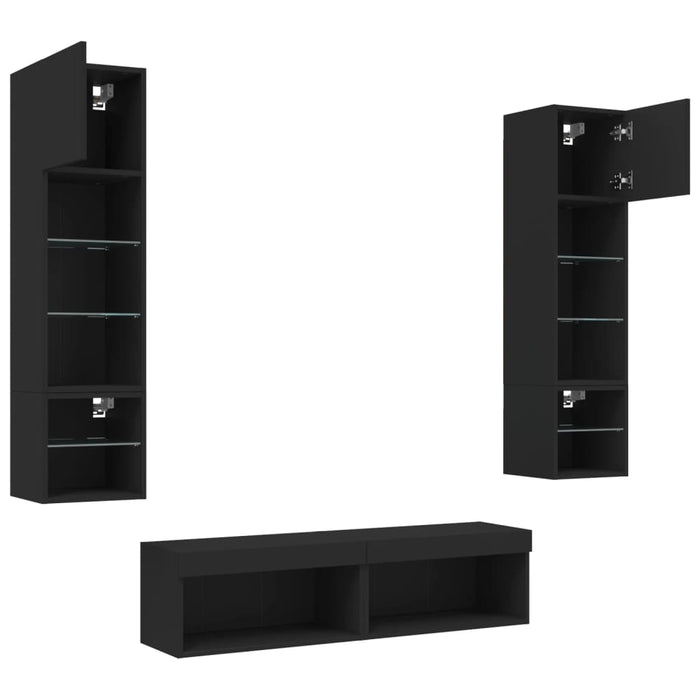 Unități de perete TV cu LED-uri, 6 piese, negru, lemn prelucrat WALTI