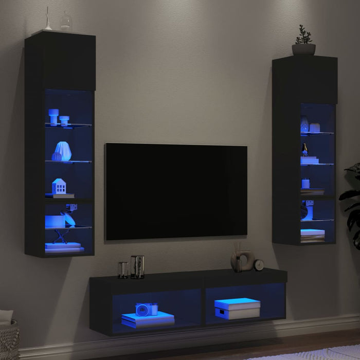Unități de perete TV cu LED-uri, 6 piese, negru, lemn prelucrat WALTI