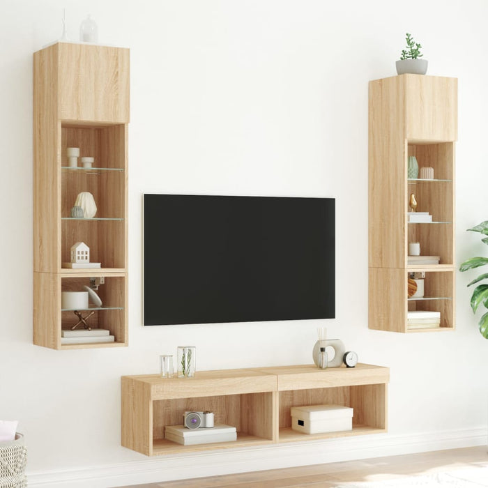 Unități de perete TV cu LED-uri, 6 piese, stejar sonoma, lemn - WALTI WALTI