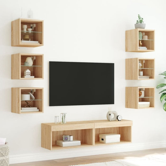 Unități de perete TV cu LED-uri, 8 piese, stejar sonoma, lemn - WALTI WALTI