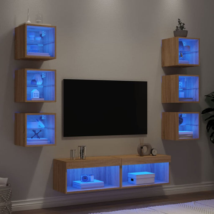Unități de perete TV cu LED-uri, 8 piese, stejar sonoma, lemn - WALTI WALTI