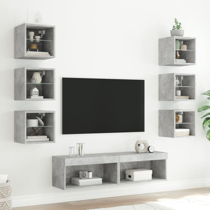 Unități TV de perete cu LED-uri 8 piese gri beton lemn compozit - WALTI WALTI