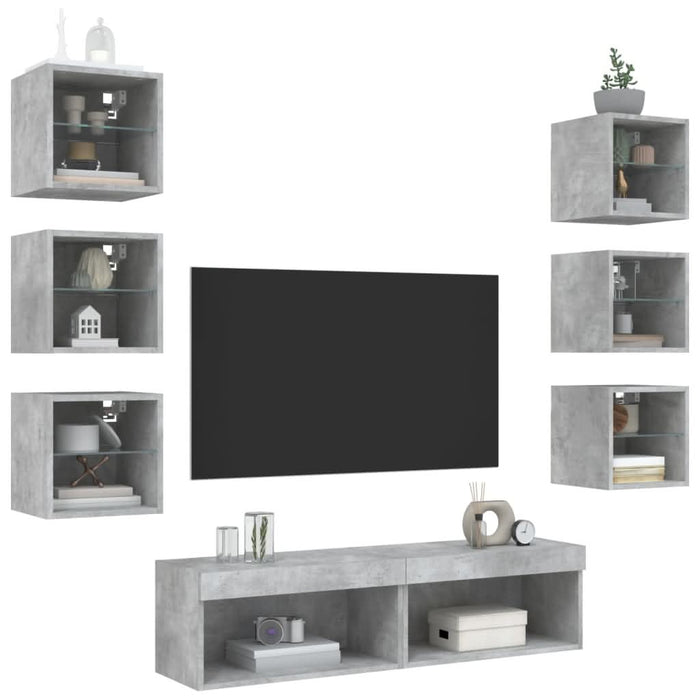 Unități TV de perete cu LED-uri 8 piese gri beton lemn compozit - WALTI WALTI
