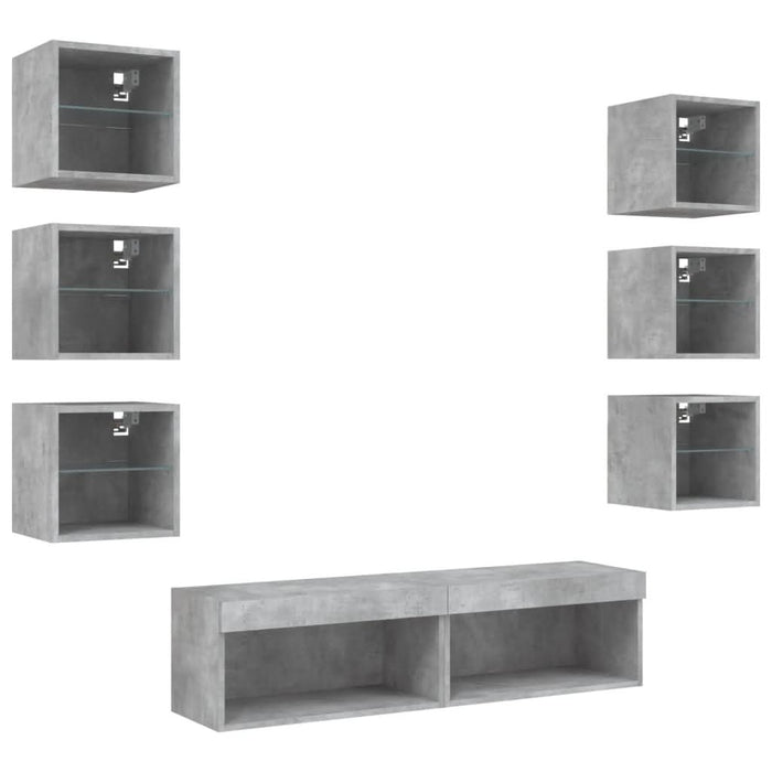 Unități TV de perete cu LED-uri 8 piese gri beton lemn compozit - WALTI WALTI