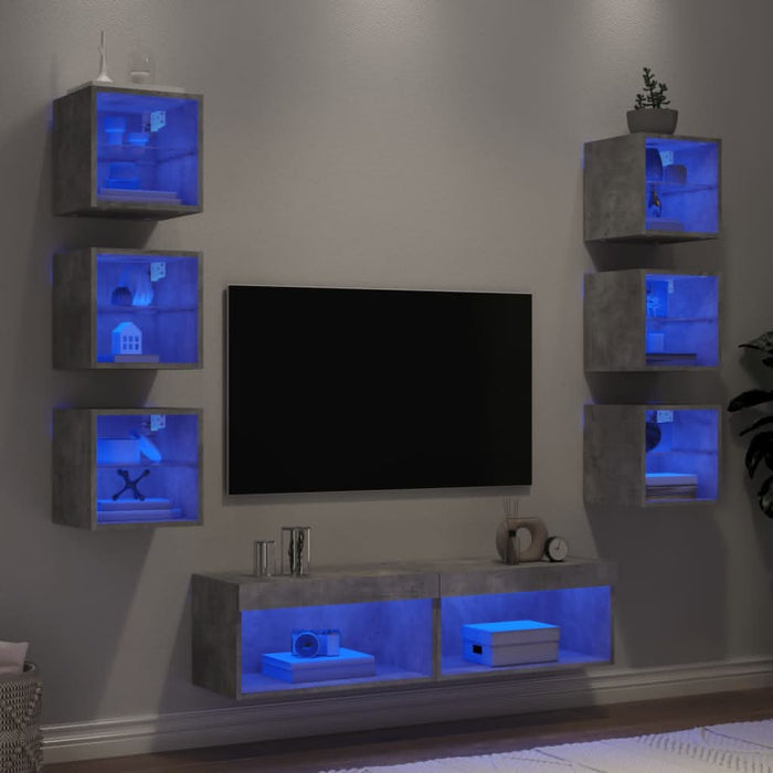 Unități TV de perete cu LED-uri 8 piese gri beton lemn compozit - WALTI WALTI