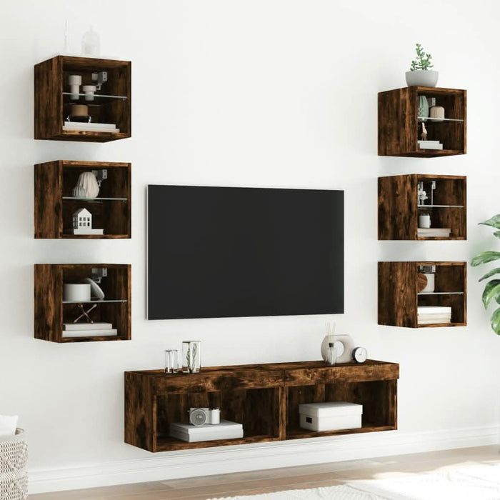 Unități de perete TV cu LED-uri, 8 piese, stejar fumuriu, lemn - WALTI WALTI