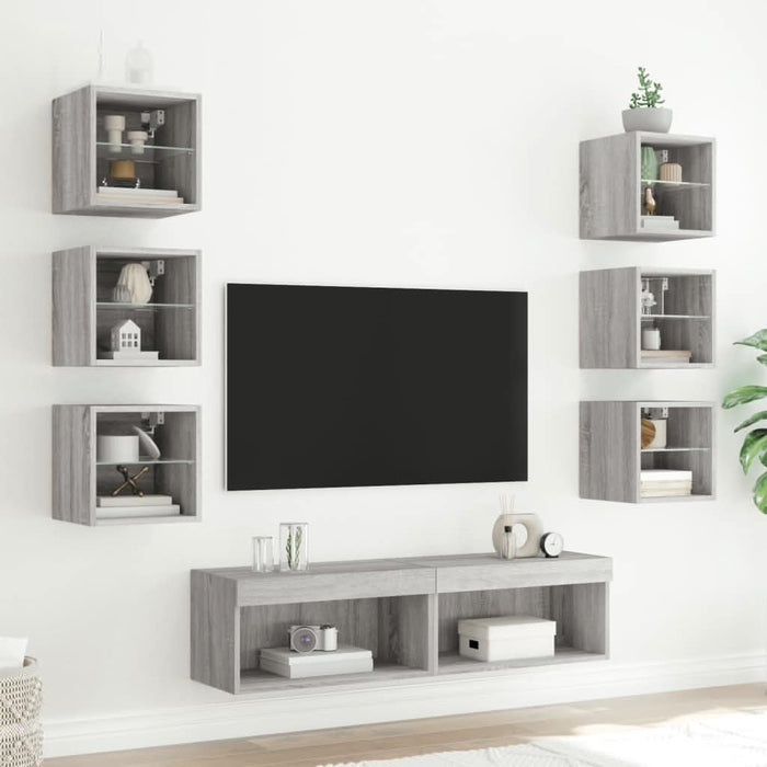 Unități de perete TV cu LED-uri, 8 piese, gri sonoma, lemn - WALTI WALTI