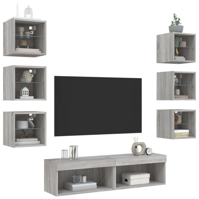 Unități de perete TV cu LED-uri, 8 piese, gri sonoma, lemn - WALTI WALTI