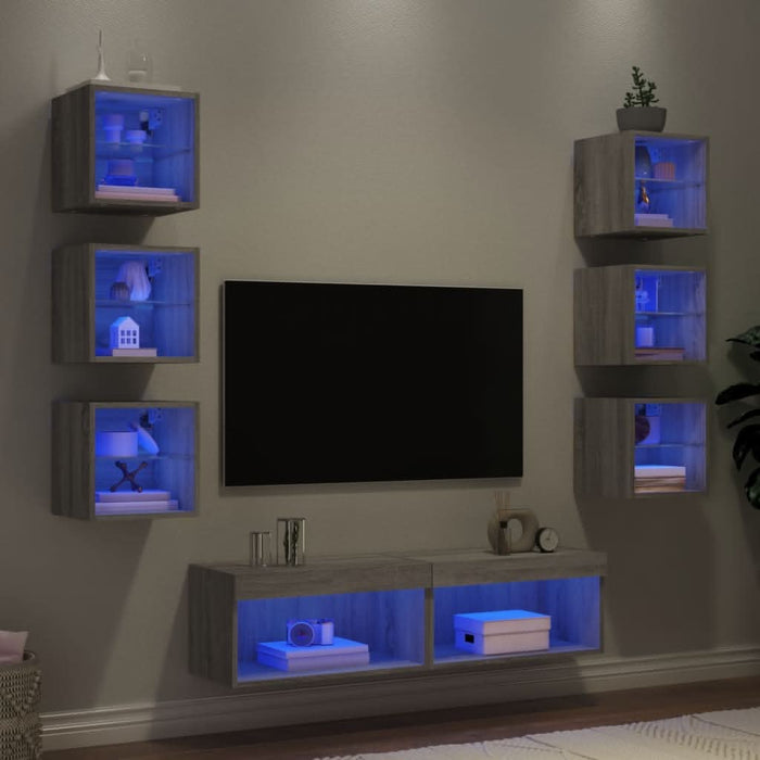 Unități de perete TV cu LED-uri, 8 piese, gri sonoma, lemn - WALTI WALTI