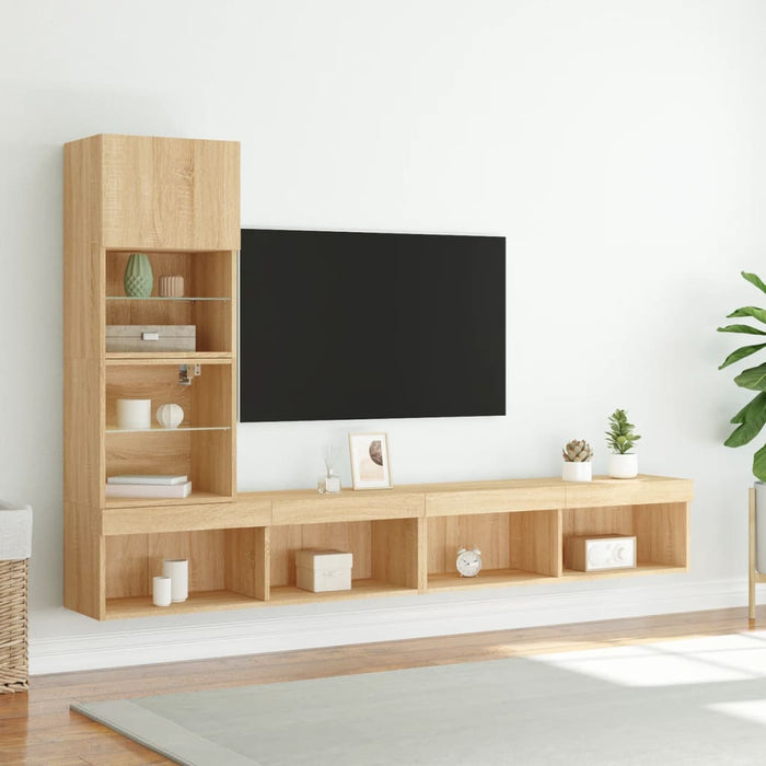 Unități de perete TV cu LED-uri, 4 piese, stejar sonoma, lemn WALTI