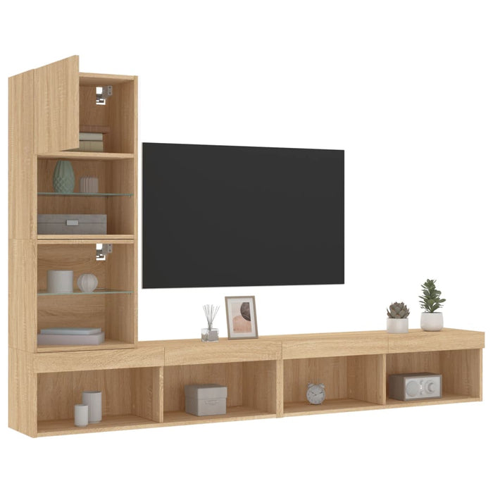 Unități de perete TV cu LED-uri, 4 piese, stejar sonoma, lemn WALTI