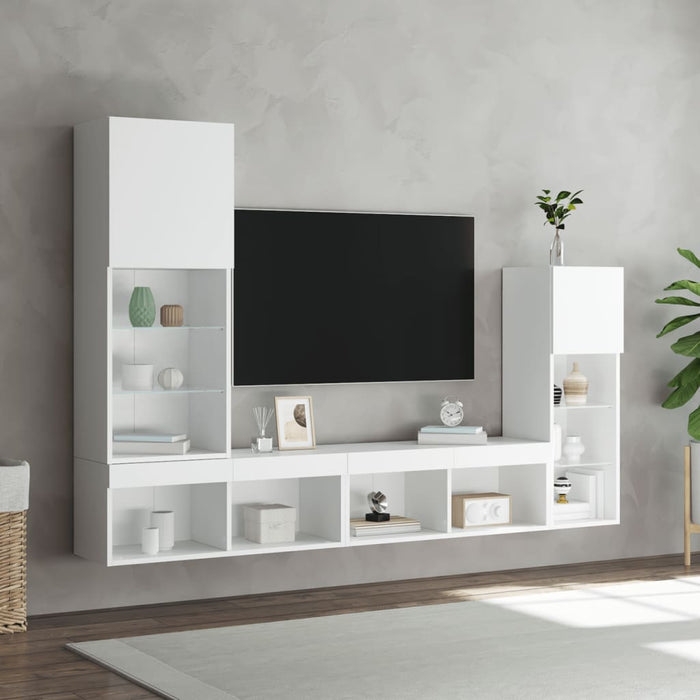 Unități de perete TV cu LED-uri, 4 piese, alb, lemn prelucrat - WALTI WALTI