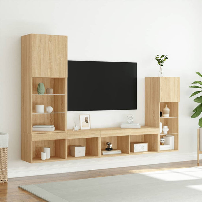 Unități de perete TV cu LED-uri, 4 piese, stejar sonoma, lemn - WALTI WALTI