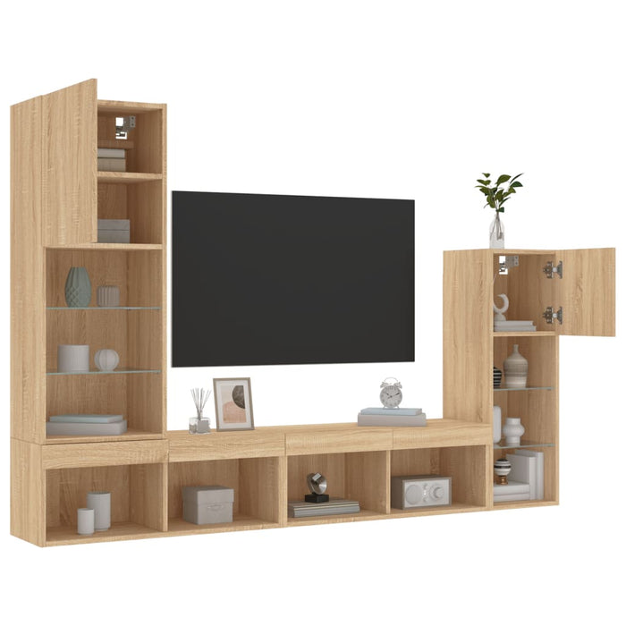 Unități de perete TV cu LED-uri, 4 piese, stejar sonoma, lemn - WALTI WALTI