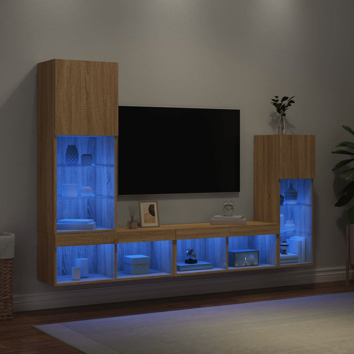 Unități de perete TV cu LED-uri, 4 piese, stejar sonoma, lemn - WALTI WALTI