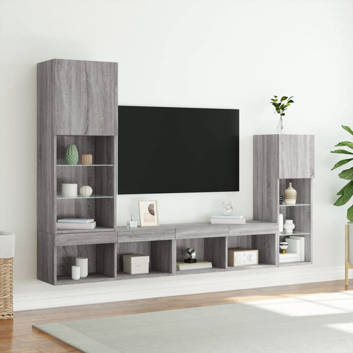 Unități de perete TV cu LED-uri, 4 piese, gri sonoma, lemn WALTI