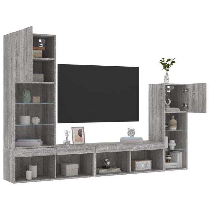 Unități de perete TV cu LED-uri, 4 piese, gri sonoma, lemn WALTI