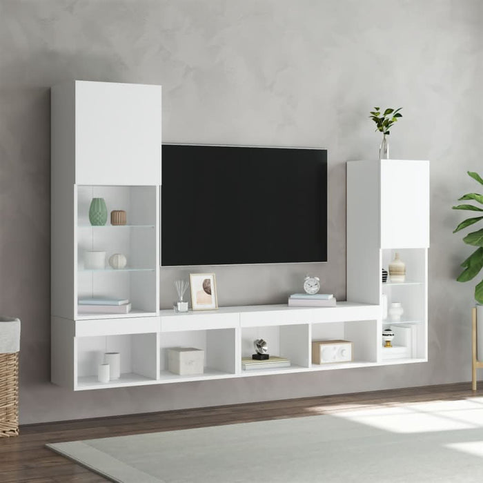 Unități de perete TV cu LED-uri, 4 piese, alb, lemn prelucrat - WALTI WALTI