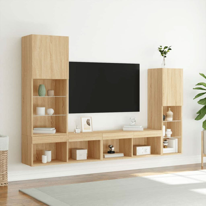 Unități de perete TV cu LED-uri, 4 piese, stejar sonoma, lemn - WALTI WALTI