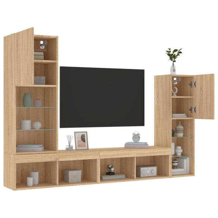 Unități de perete TV cu LED-uri, 4 piese, stejar sonoma, lemn - WALTI WALTI