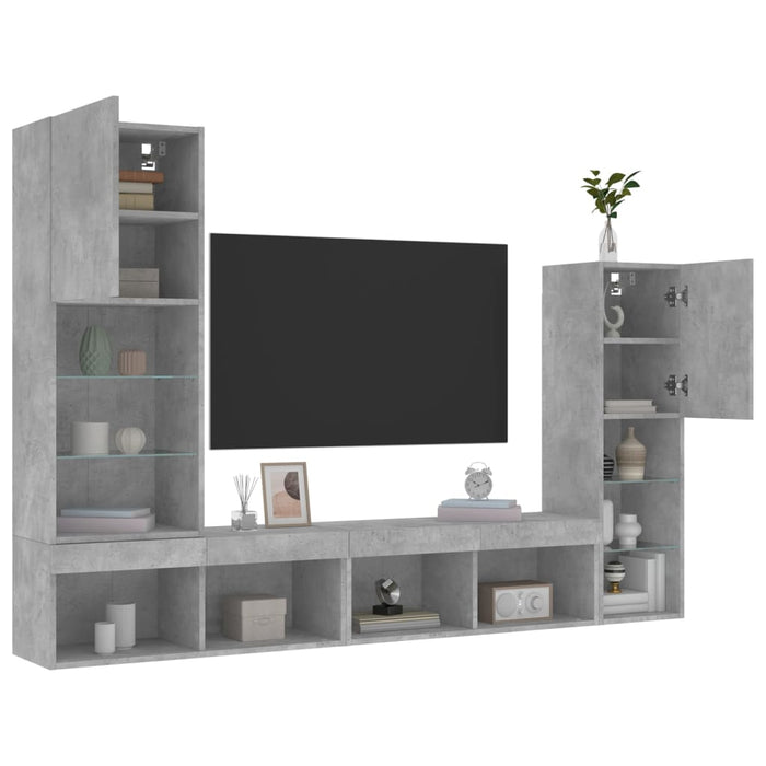 Unități TV de perete cu LED-uri 4 piese gri beton lemn compozit - WALTI WALTI