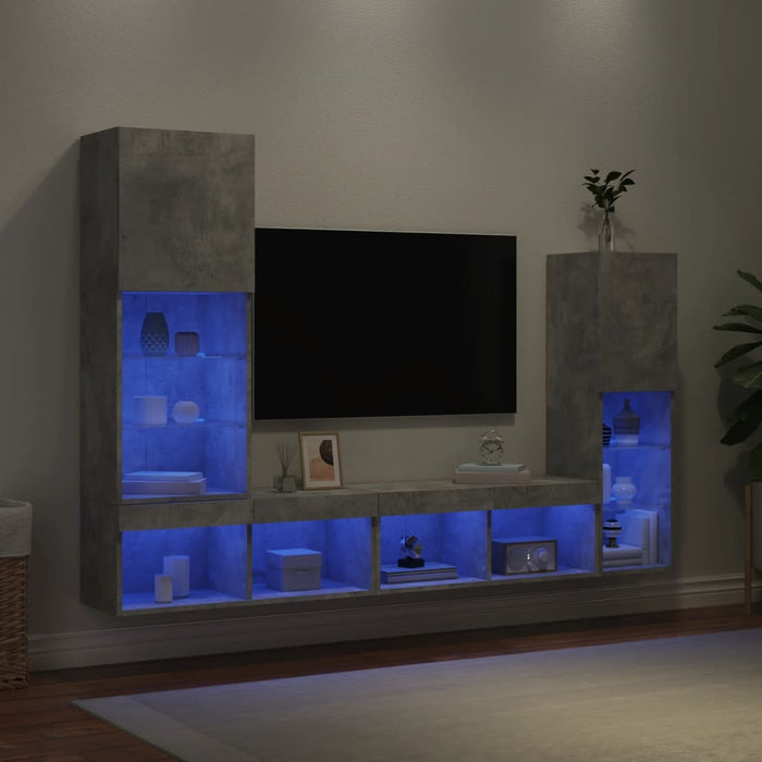 Unități TV de perete cu LED-uri 4 piese gri beton lemn compozit - WALTI WALTI