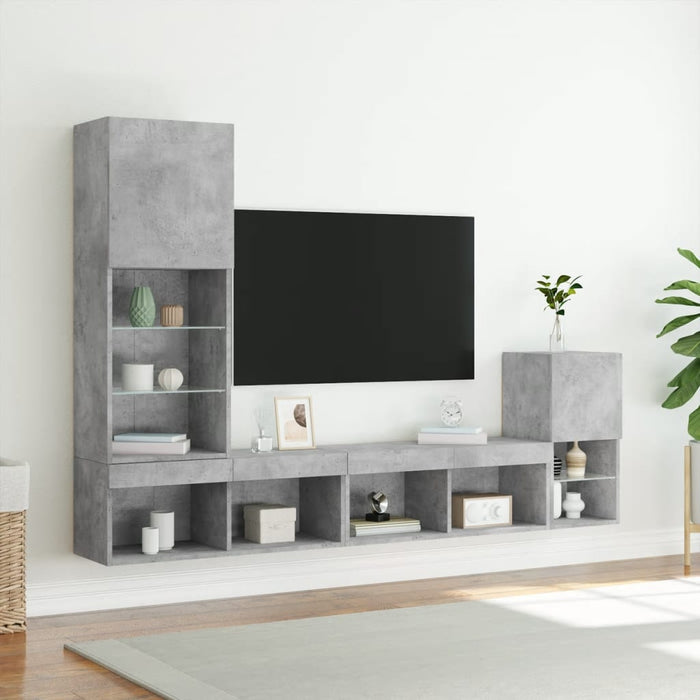 Unități TV de perete cu LED-uri 4 piese gri beton lemn compozit WALTI