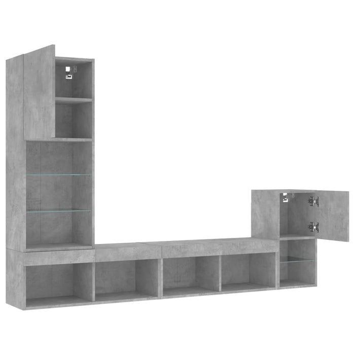 Unități TV de perete cu LED-uri 4 piese gri beton lemn compozit WALTI