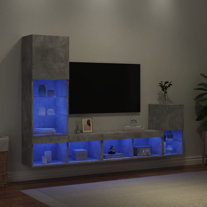 Unități TV de perete cu LED-uri 4 piese gri beton lemn compozit WALTI