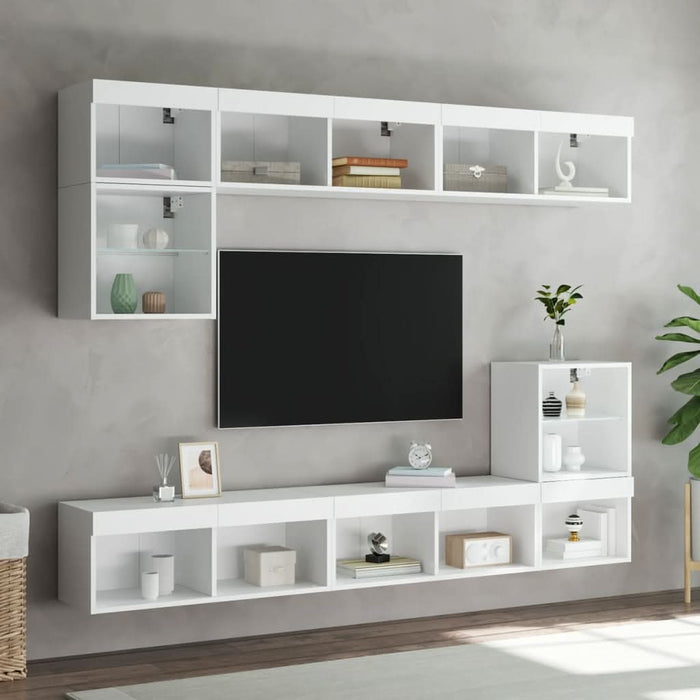 Unități de perete TV cu LED-uri, 8 piese, alb, lemn prelucrat - WALTI WALTI