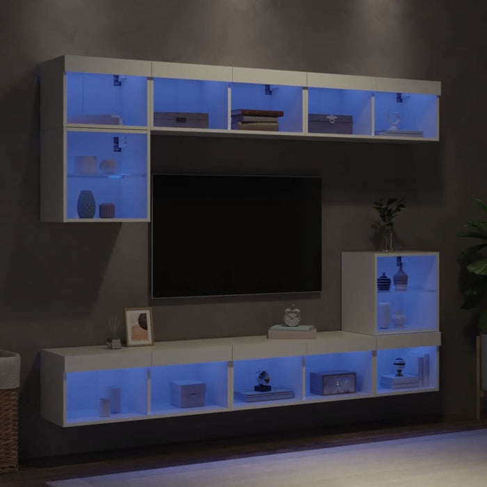 Unități de perete TV cu LED-uri, 8 piese, alb, lemn prelucrat - WALTI WALTI