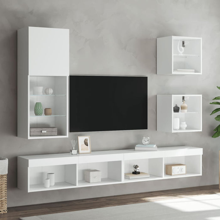Unități de perete TV cu LED-uri, 5 piese, alb, lemn prelucrat - WALTI WALTI