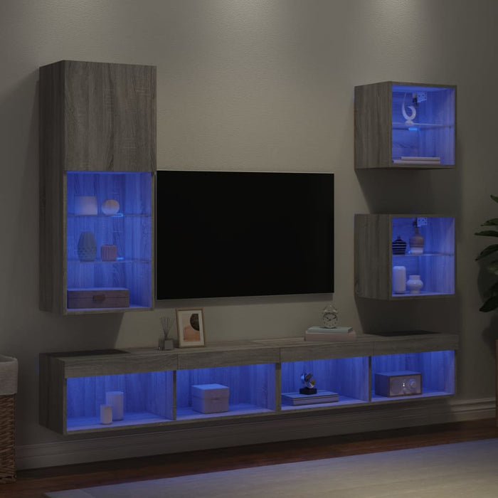 Unități de perete TV cu LED-uri, 5 piese, gri sonoma, lemn WALTI