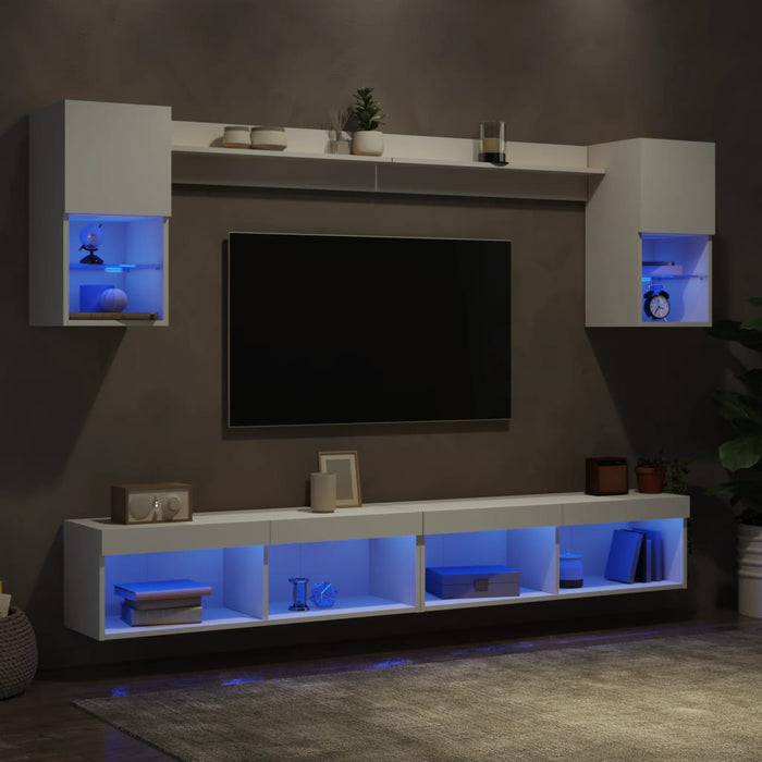 Unități de perete TV cu LED-uri, 6 piese, alb, lemn prelucrat - WALTI WALTI
