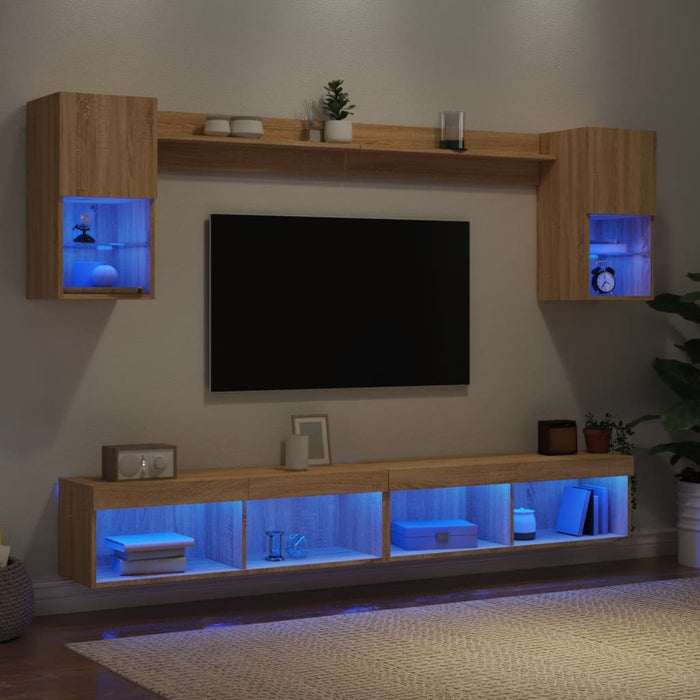 Unități de perete TV cu LED-uri, 6 piese, stejar sonoma, lemn - WALTI WALTI