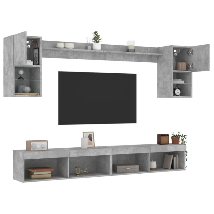 Unități TV de perete cu LED-uri 6 piese gri beton lemn compozit - WALTI WALTI