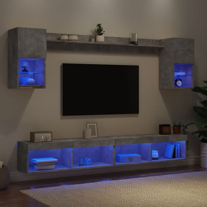 Unități TV de perete cu LED-uri 6 piese gri beton lemn compozit - WALTI WALTI