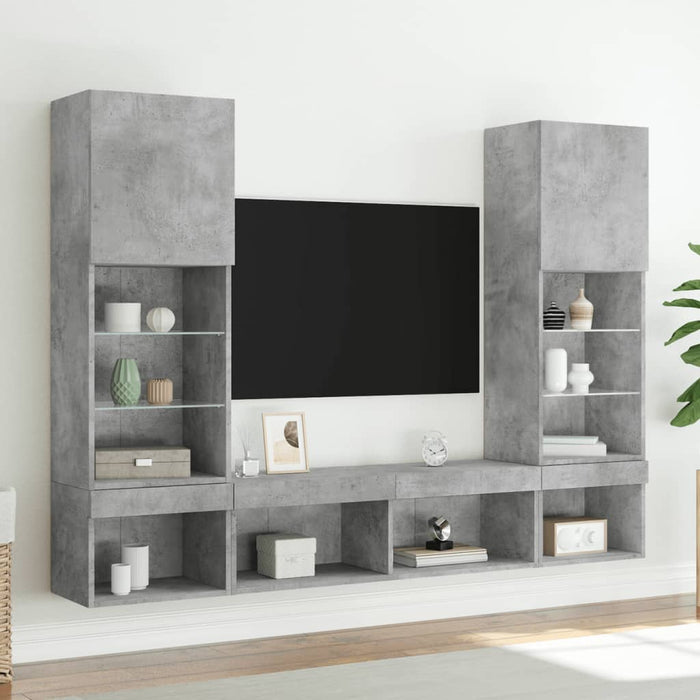 Unități TV de perete cu LED-uri 5 piese gri beton lemn compozit - WALTI WALTI