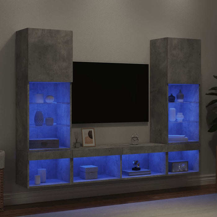Unități TV de perete cu LED-uri 5 piese gri beton lemn compozit - WALTI WALTI