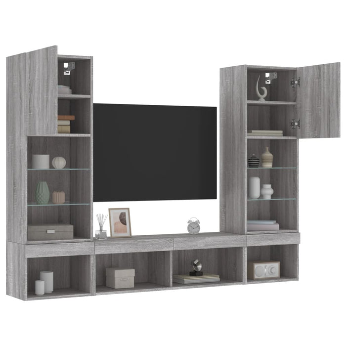 Unități de perete TV cu LED-uri, 5 piese, gri sonoma, lemn WALTI