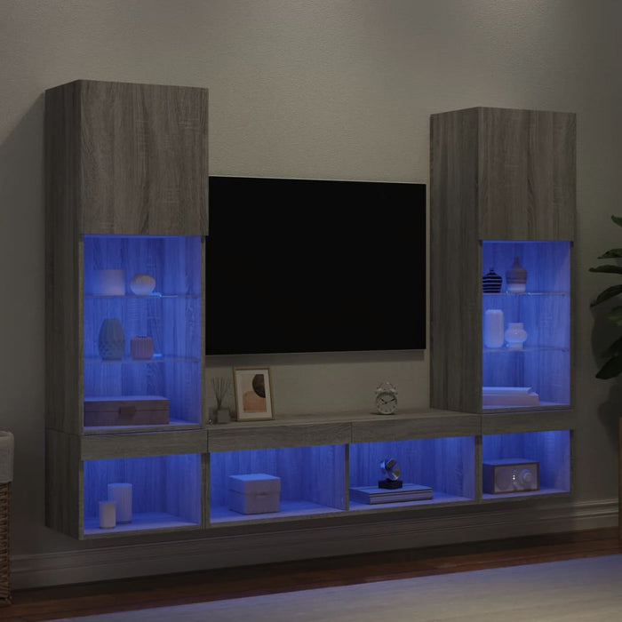 Unități de perete TV cu LED-uri, 5 piese, gri sonoma, lemn WALTI