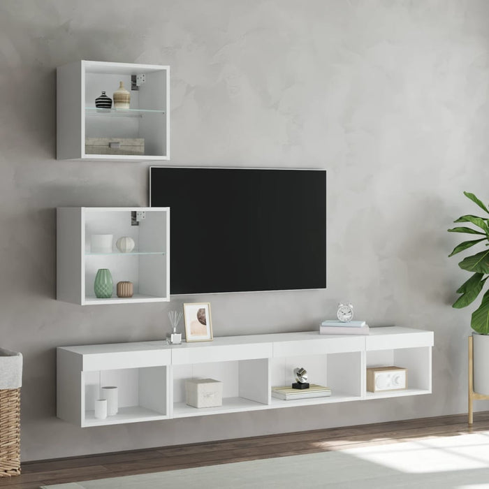 Unități de perete TV cu LED-uri, 5 piese, alb, lemn prelucrat - WALTI WALTI
