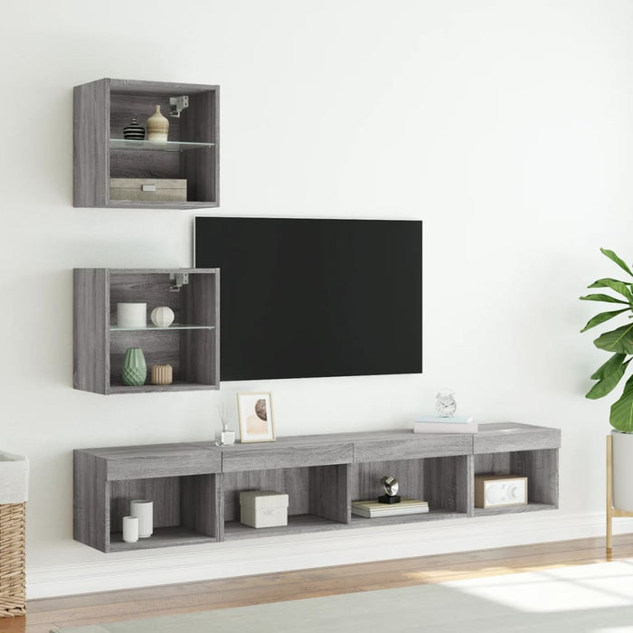 Unități de perete TV cu LED-uri, 5 piese, gri sonoma, lemn WALTI