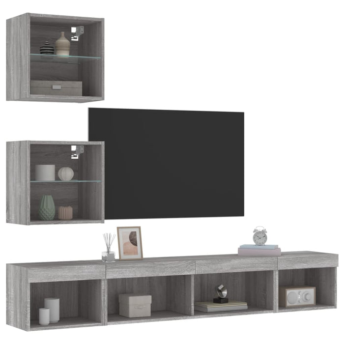 Unități de perete TV cu LED-uri, 5 piese, gri sonoma, lemn WALTI