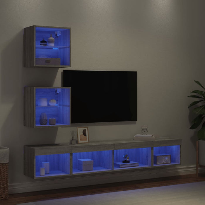Unități de perete TV cu LED-uri, 5 piese, gri sonoma, lemn WALTI